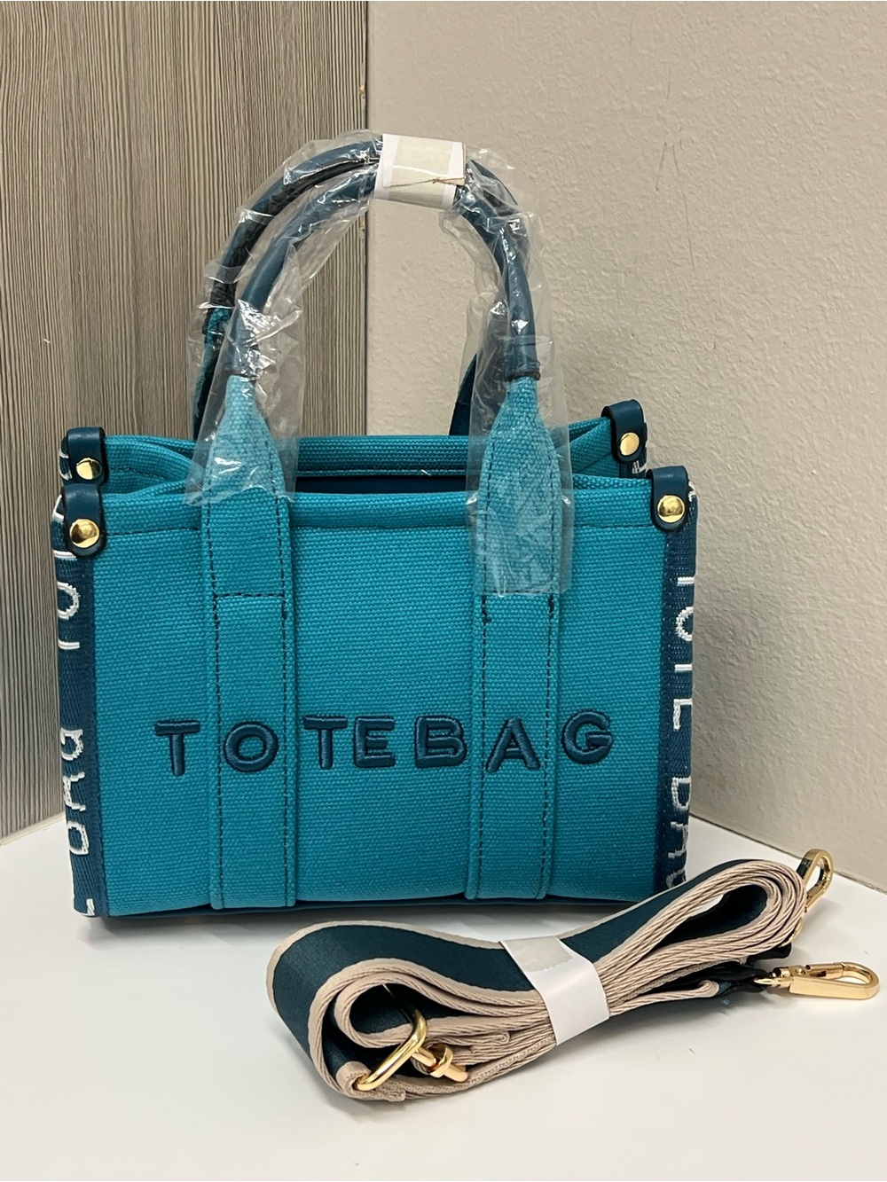 Teal Canvas ToteBag Small Handbag with Detachable Strap